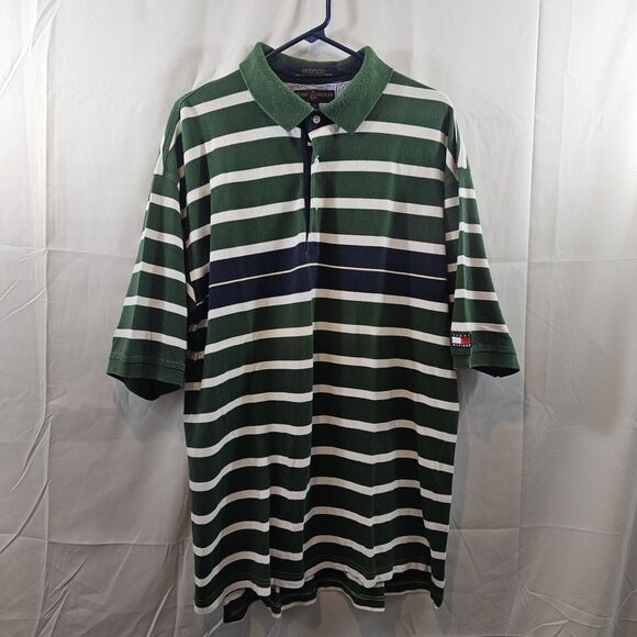 Tommy Hilfiger Polo Shirt Mens XL Green White Striped Casual Short Sleeve - Picture 1 of 5